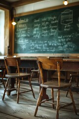 Vintage classroom setting with wooden desks and chairs facing a chalkboard filled with handwritten notes and diagrams.
