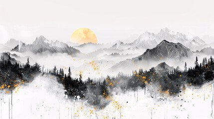 Chinese ink painting of mountains and forests with gold splashes