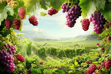 Poster - A scenic view of a vineyard with ripe grape and blackberry clusters hanging from the vines. Generative AI