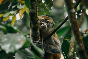 Wall Mural - Titi Monkey in Natural Tree-Filled Habitat with Copy Space for Wildlife Documentaries