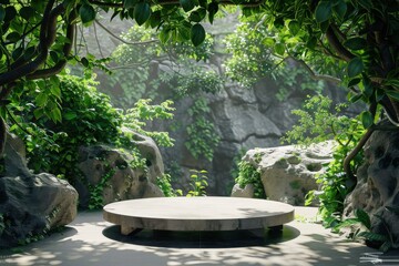 Wall Mural - Serene jungle clearing with empty stone podium, lush foliage, and sunlight streaming through trees. Ideal background for product placement, meditation, or nature scenes.