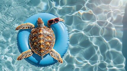 Canvas Print - Sea Turtle Relaxing on a Blue Inflatable Ring in a Pool