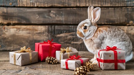 Wall Mural - Rabbit Surprised by Gifts on Wooden Background