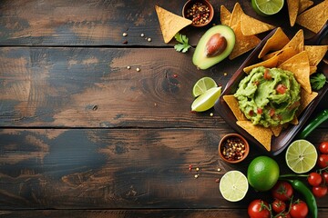 Delicious guacamole with nachos chips and ingredients on white table
