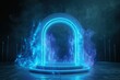 © chesleatsz - Blue neon portal arch with smoke and fire, futuristic glowing lines forming a gateway in dark space. Concept for fantasy, magic, technology, gaming, and abstract backgrounds.