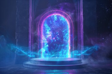 Wall Mural - Mystical glowing portal with smoke and particles in a stone archway, fantasy magical gateway to another world. Concept of mystery, magic, adventure, and the unknown.