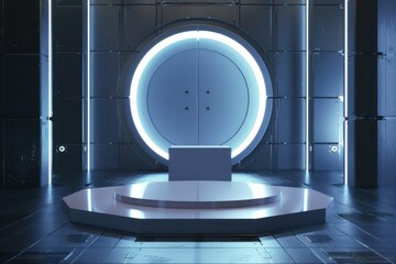 Wall Mural - Futuristic, Sci-Fi  podium stage with blue neon light in a metal room. Concept of technology, innovation, product display, and game show stage