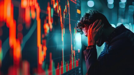 Wall Mural - A man is looking at a computer screen with a red line on it