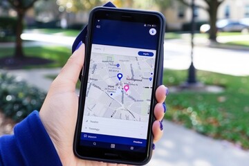 People woman using GPS map navigation app on smartphone. A close-up of a woman's hand holding a smartphone with map app on screen.