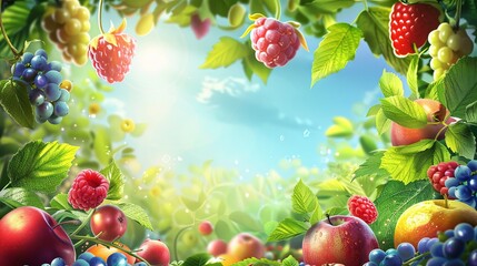 Leinwandbilder - A close-up image of a lush summer scene featuring vibrant fruit vines bursting with ripe blueberries, raspberries, and apples. Generative AI