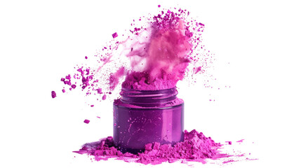 Poster - Bright purple powder exploding out of small purple cosmetics jar on transparent background