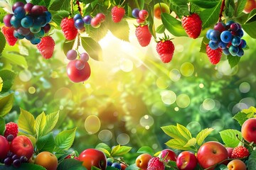 Leinwandbilder - A close-up image of fresh, ripe fruit hanging from branches in a sunny orchard. Generative AI