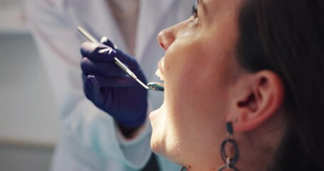 Wall Mural - Woman, patient and dentist for teeth consulting at clinic for wellness, wellbeing and oral care. Female person, dental surgeon and doctor for exam procedure in healthcare for hygiene and mirror