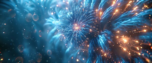 Wall Mural - Blue Fireworks Celebrating The Anniversary And Happy New Year 2025 Or The 4Th Of July Holiday Festival