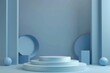 © chesleatsz - Minimalist blue 3D podium or pedestal for product showcase.  Blank platform with geometric shapes for cosmetic display. Concept of beauty, fashion, and advertising.