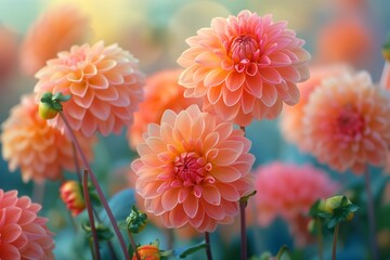 Wall Mural - Peach Dahlias Blooming in a Summer Garden