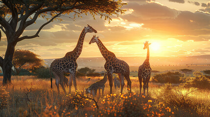 Majestic giraffes, towering above the vibrant African savanna, create a harmonious scene as they graze together, their distinctive spotted coats adding a touch of elegance to the summer landscape.