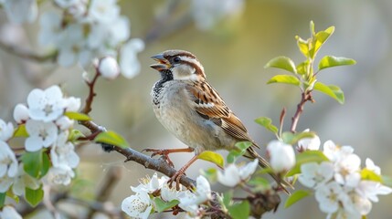 Wall Mural - A Sparrow Perched on a Branch of Blossoming Tree