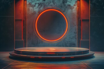 Wall Mural - Futuristic  Empty Podium Stage with Glowing Circle Light in Dark Interior, Cyberpunk or Sci-fi Concept