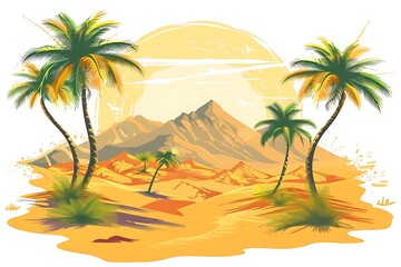 Wall Mural - A desert oasis icon with a mirage effect and palm trees swaying in the breeze