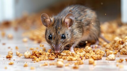 Wall Mural - A mouse is eating food on the floor