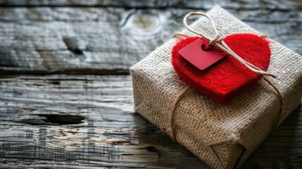 Poster - Valentine s Day gift with red felt heart and label on wooden background