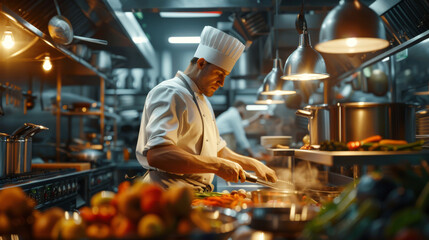 a chef, wearing a white chef's hat and apron, cooking in a resturant kitchen