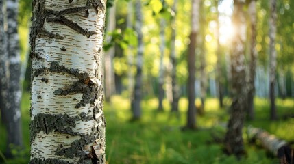 Poster - Birch tree trunk with distinct bark texture on front birch forest in background