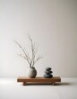 © Gia - Clean Aesthetic Scandinavian, Japanese style table with decorations. Zen. Spiritual