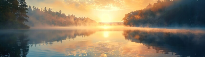 A serene sunrise over the calm waters of an enchanted lake, with mist rising from its surface and trees silhouetted against it