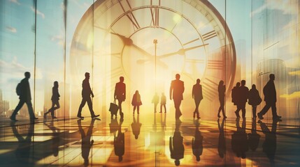 Business people walking in city with clock. Concept of time management. Double exposure.