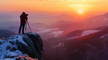 a photographer with camera and tripod on top of mountain, beautiful sunset landscape