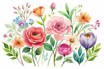 Wall Mural - beautiful watercolor illustration of collection of flowers on white background, showcasing the art of watercolor and its use in interior design., white background
