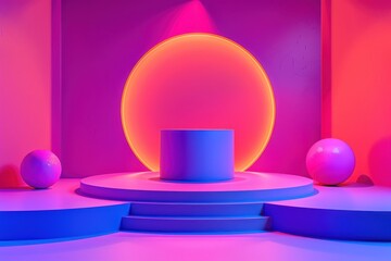 Wall Mural - 3D rendering of empty cylindrical podium or pedestal on a stage illuminated with vibrant neon pink and blue lighting, ideal for showcasing products. 