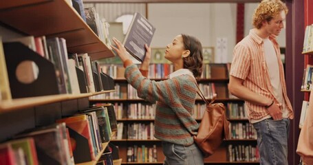 Poster - Shelf, book and woman in library for return at university, college or school campus for education. Replace, girl learning and student with scholarship studying knowledge, research and information