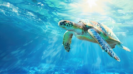 Canvas Print - Sea turtle swimming in sunny turquoise waters with banner and space for text