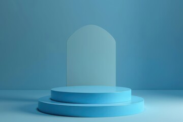 Minimalist blue product display podium. Empty two-step round pedestal or stage for showcase. Concept of product placement, presentation, and advertising.