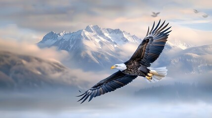 Wall Mural - A bald eagle gliding through the sky, with a mountain range in the background. List of Art Media Minimalist realistic