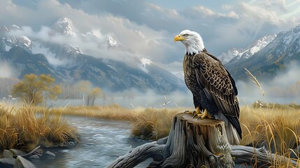 Wall Mural - A bald eagle perched on a tree stump, with a river flowing nearby. List of Art Media Minimalist realistic