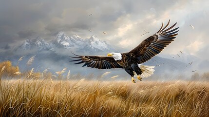 Wall Mural - A bald eagle circling above a meadow, looking for prey. List of Art Media Minimalist realistic