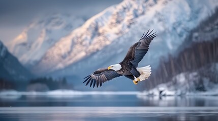 Wall Mural - A bald eagle in flight, framed by the Northern Lights in the background. List of Art Media Minimalist realistic