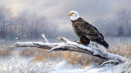 Wall Mural - A bald eagle perched on a snowy branch, with a winter landscape surrounding. List of Art Media Minimalist realistic