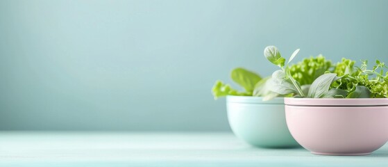 Fresh green herbs in pastel-colored bowls on light blue background, minimalistic style for healthy eating and culinary concepts.