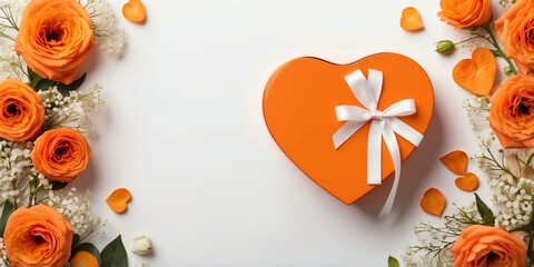 Poster - orange heartshaped gift box with ribbon and flowers on background