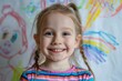 © Yuliia - Happy Little Girl with Braids, Smiling Brightly in Front of a Colorful Drawing, Full of Joy
