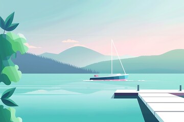 Wall Mural - A minimalist dock icon with a digital boat and a serene lake