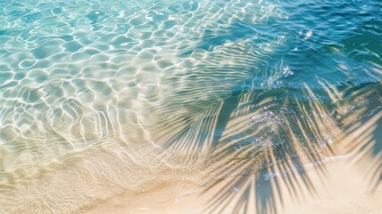 Wall Mural - Idyllic beach scene with palm leaf shadow on transparent rippled water surface from above