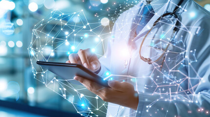 Doctors in the context of medical network connectivity technology, the concept of a digital future and hospital data systems hold small tablets