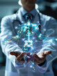© 沈军 贡 - A doctor holding an abstract human body with glowing connections between different parts of the body,