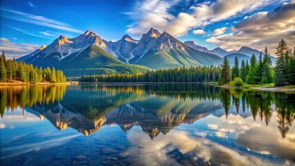 Sticker - Serene lake reflecting majestic mountains in the background, lake, mountains, scenic, nature, tranquil, serene